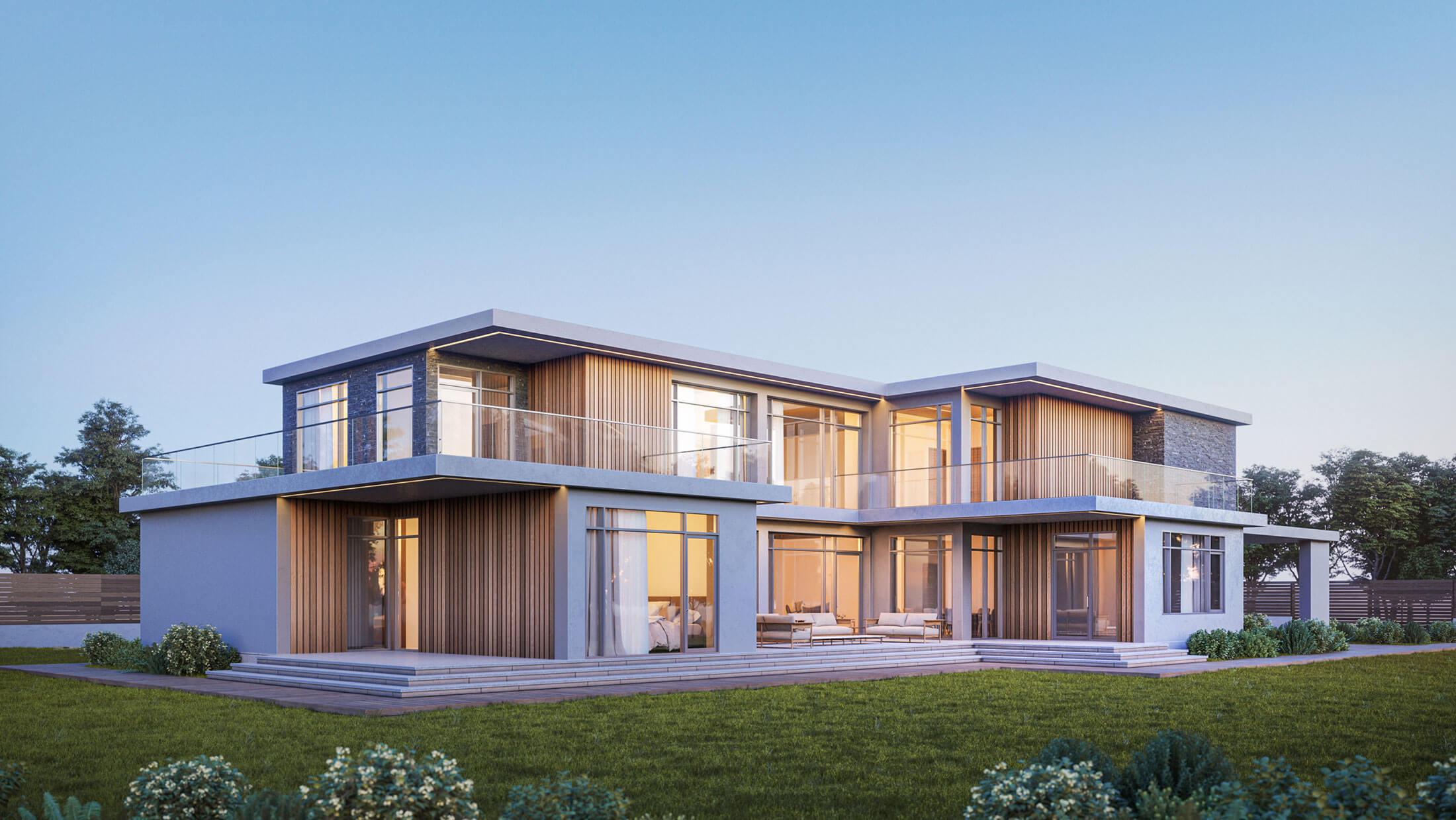 Rendu 3D, vue extérieure d'une maison moderne à aire ouverte