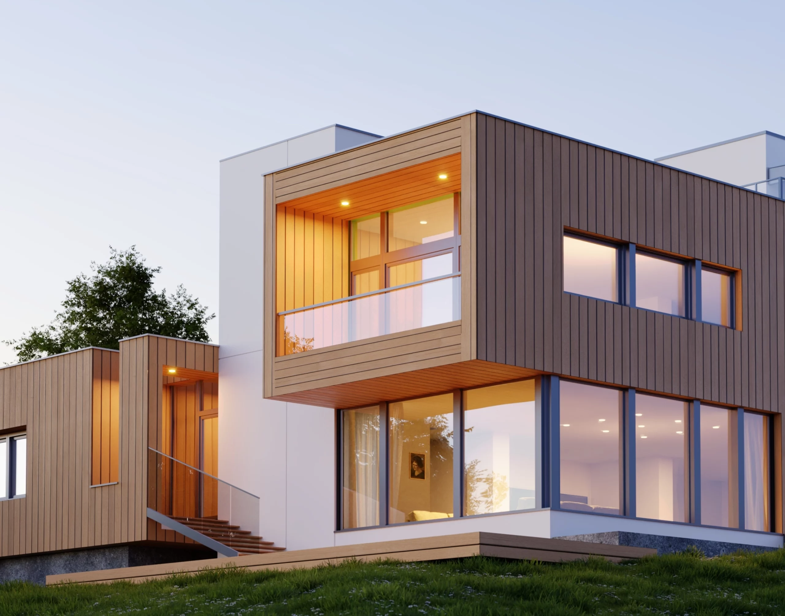 Rendu 3D, vue extérieure d'une maison moderne à aire ouverte